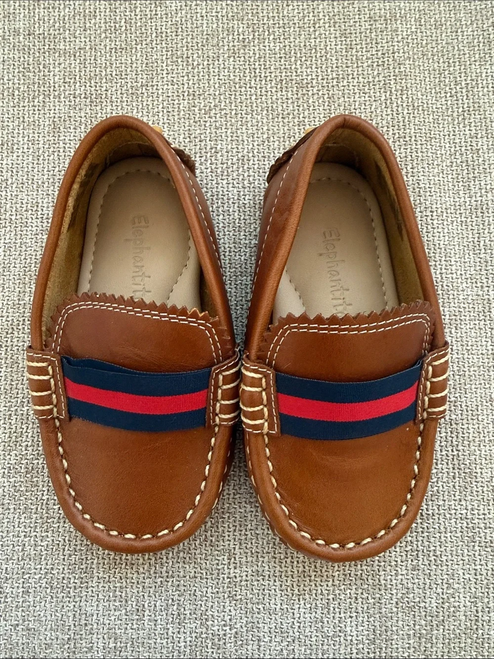 Elephantito Brown Leather Driving Loafers | Toddler US 6.5 | Classic Stripe